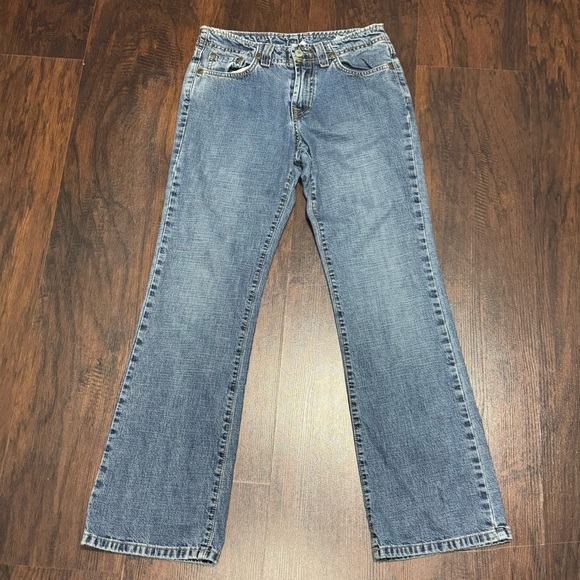 Lucky Brand Dungarees Rancher Flare Wide Leg Blue Jeans Vintage Y2K 25 Short EUC - Picture 3 of 15